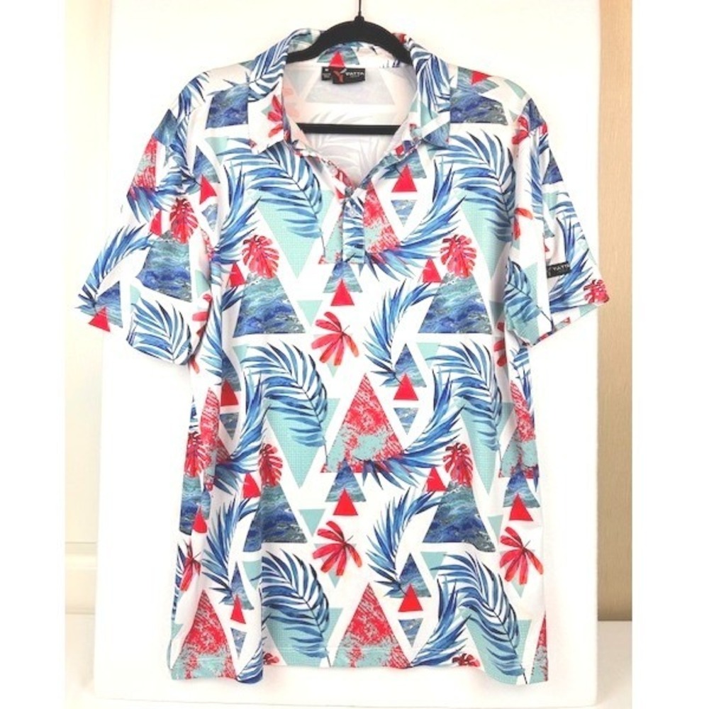 Yatta Golf‎ Mens Performance Polo Geometric Tropical Palm Print Short Sleeve Med